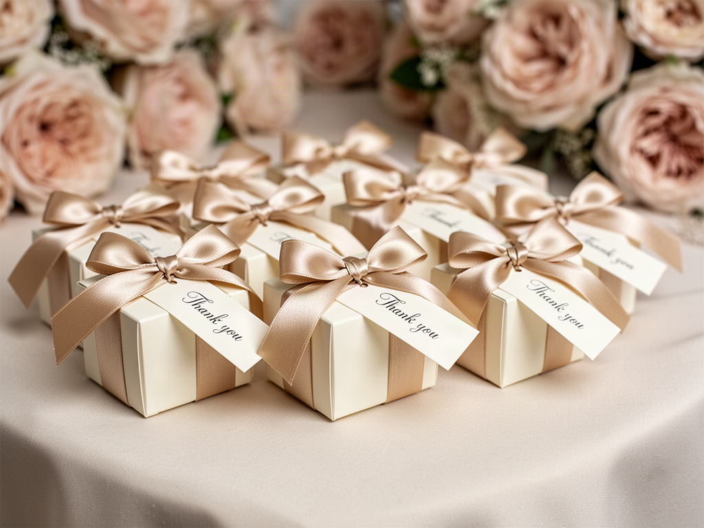Inspiration image of ivory wedding favor boxes tied with satin ribbons