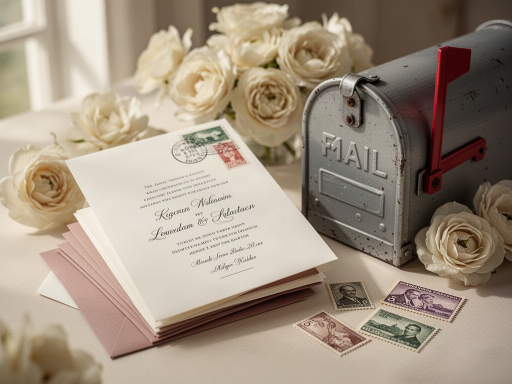 Wedding invitation envelopes beside a mailbox and flowers