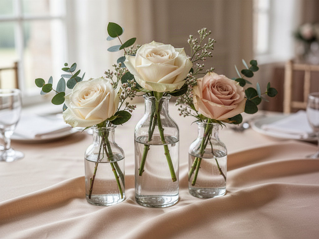 Inspiration image of three clear bud vases with blush and ivory flowers on a wedding table