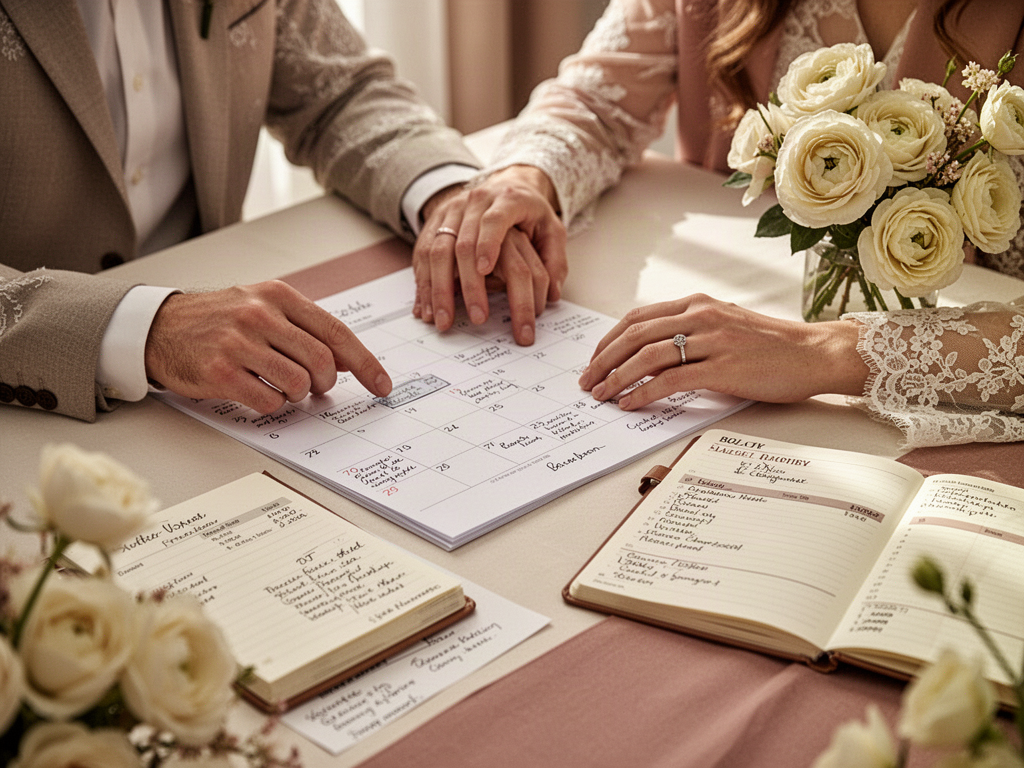 Couple planning wedding details together at a table