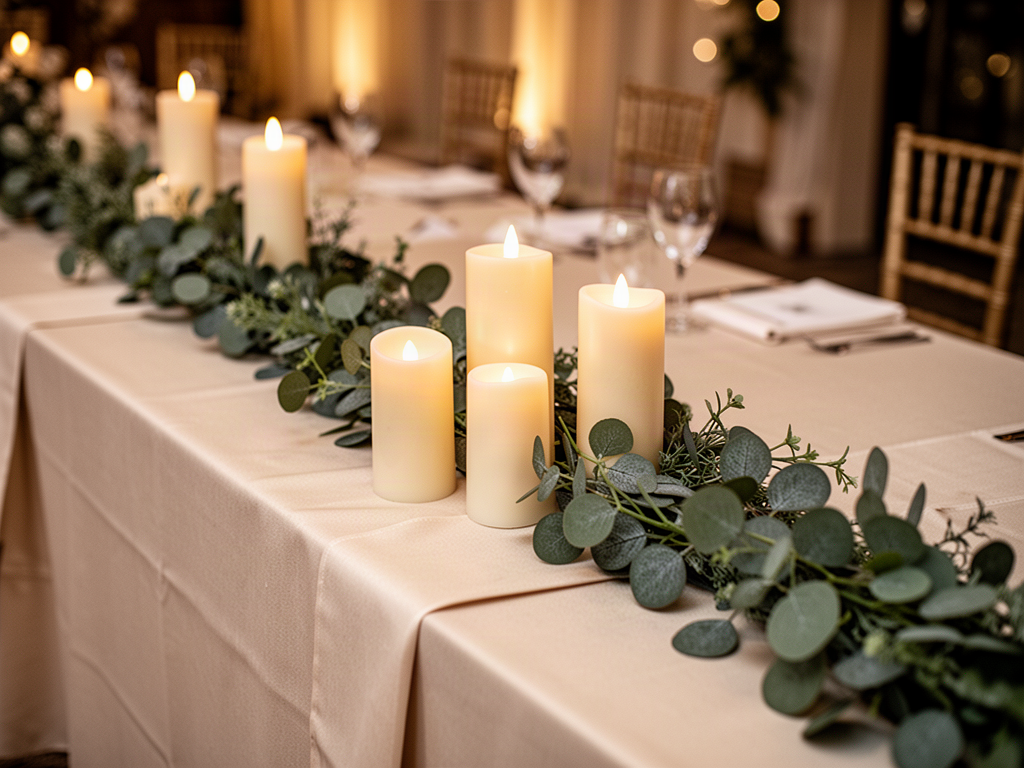 Inspiration image of an eucalyptus table runner with three flameless pillar candles