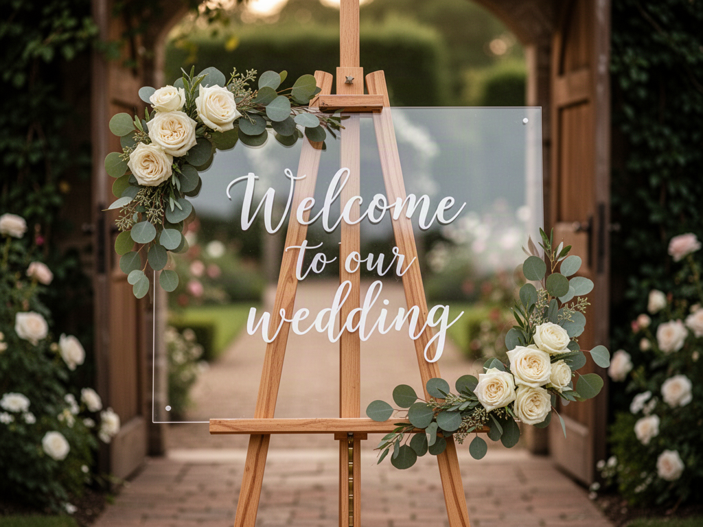 Inspiration image of a floral-accented acrylic wedding welcome sign on an easel