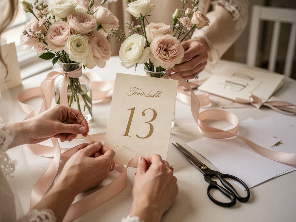 Hands creating simple wedding decor at a craft table