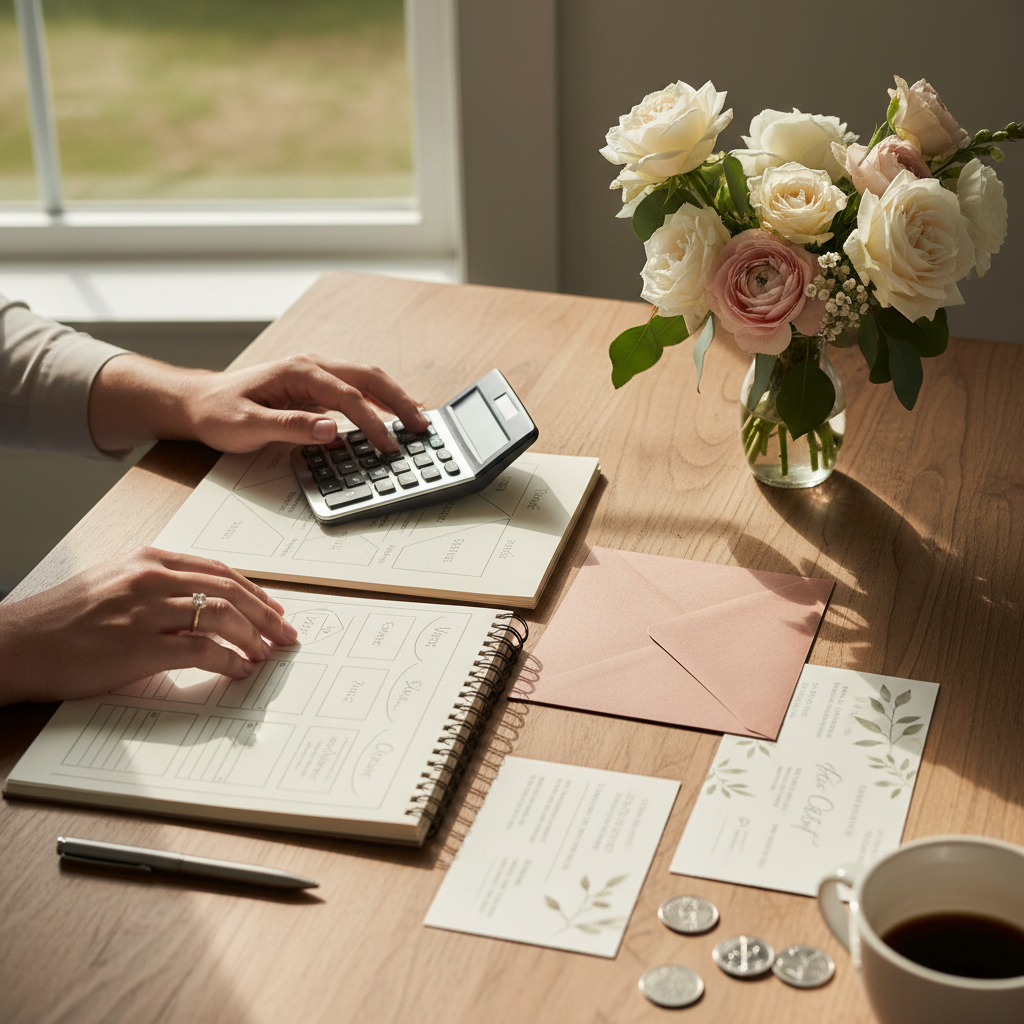 Wedding budget planning with calculator and stationery
