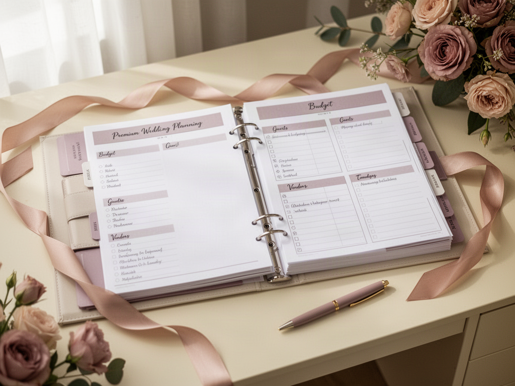 Wedding planning binder and printable worksheets arranged on a desk